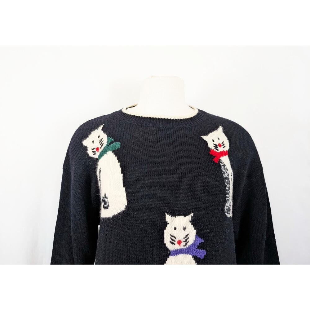 Vintage 80s Sweater Cats Colorful Black Diane Von Furstenberg Women's Size L - Picture 2 of 10